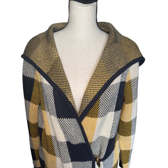 Cabi Sz S Hooded Cardigan Checked Longline Toggle Closure Knit‎ Sweater Women - Picture 2 of 12
